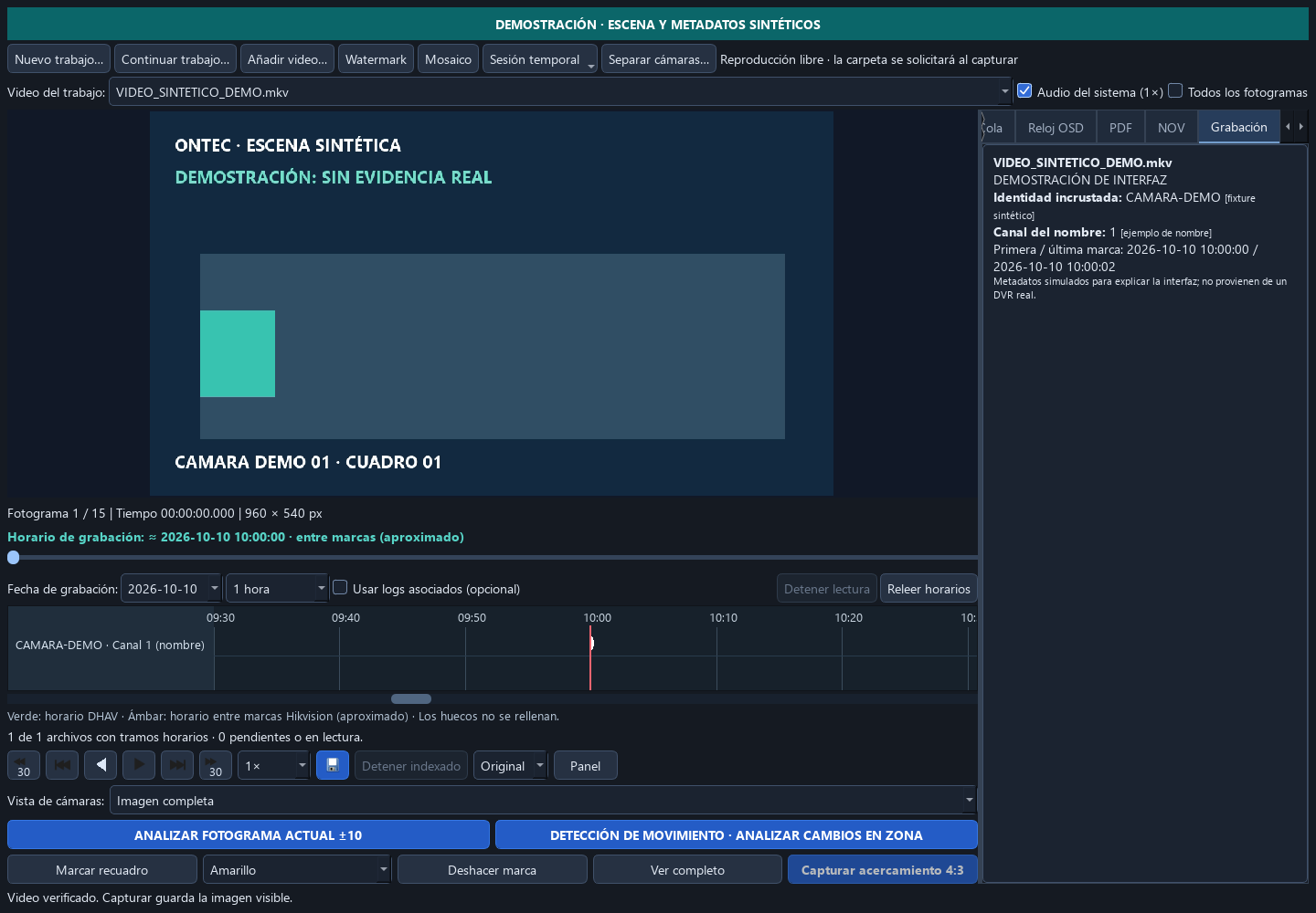 Interfaz de ONTEC PLAYER con escena de ejemplo y línea de tiempo